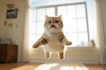 Group portrait photography of a cute exotic shorthair cat jumping against a bright window. With generative AI technology