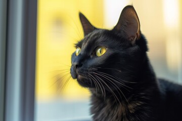 Environmental portrait photography of a cute bombay cat window watching against a bright window. With generative AI technology