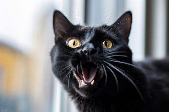 Headshot portrait photography of a funny bombay cat pouncing against a bright window. With generative AI technology