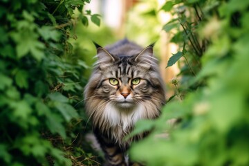 Medium shot portrait photography of a curious siberian cat exploring against a garden backdrop. With generative AI technology
