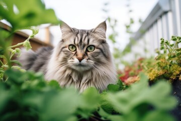 Naklejka na ściany i meble Medium shot portrait photography of a curious siberian cat exploring against a garden backdrop. With generative AI technology