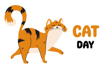 World Cat Day. Cute ginger cat. Pet, animal character. Vector illustration for Banner, for the web, social networks.
