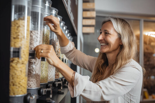 Smiling woman using food dispenser at supermarket image ai generate