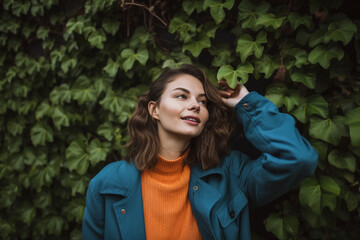 Naklejka premium attractive girl in turquoise blue jacket and orange jumper smiling on green background with plants.. image ai generate
