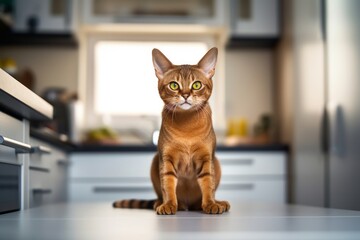 Lifestyle portrait photography of a happy abyssinian cat kneading with hind legs against a modern kitchen setting. With generative AI technology