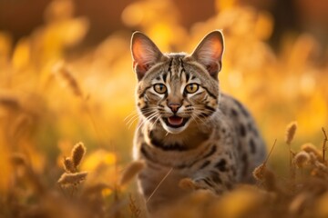 Headshot portrait photography of a smiling savannah cat running against a rich autumn landscape. With generative AI technology