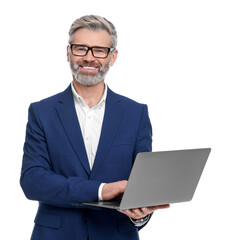 Mature businessman in stylish clothes with laptop on white background