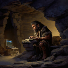 Fototapeta na wymiar Caveman looking at a laptop in a cave