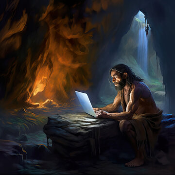 Caveman looking at a laptop in a cave