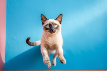 Full-length portrait photography of a curious siamese cat jumping against a vibrant colored wall. With generative AI technology