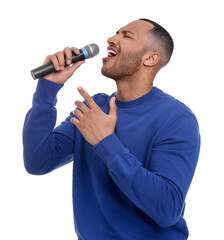 Fototapeta na wymiar Handsome man with microphone singing on white background