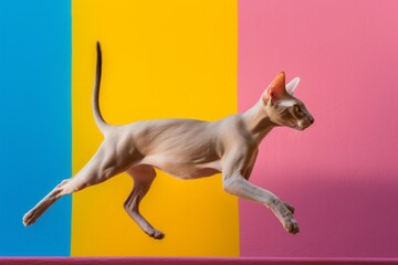 Environmental portrait photography of a happy peterbald cat hopping against a vibrant colored wall. With generative AI technology