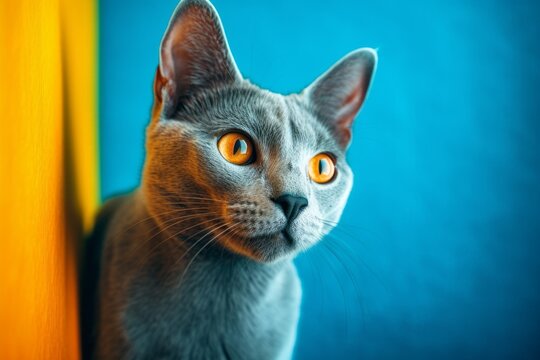 Close-up portrait photography of a funny russian blue cat exploring against a vibrant colored wall. With generative AI technology