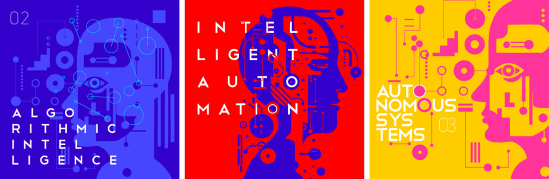 Artificial Intelligence. A Set Of Vector Illustrations. Posters With Headings - Autonomous Systems, Intelligent Automation, Algorithmic Intelligence