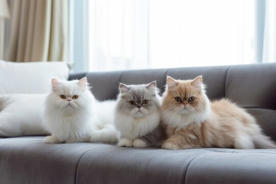 Group portrait photography of a cute persian cat window watching against a comfy sofa. With generative AI technology