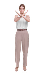 Full length portrait of beautiful businesswoman rejecting on white background