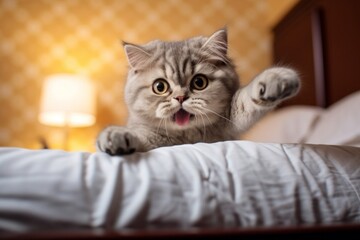 Environmental portrait photography of a happy selkirk rex cat wall climbing against an inviting bed. With generative AI technology