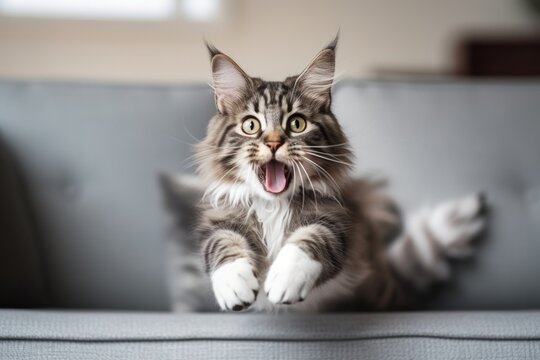 Group portrait photography of a smiling norwegian forest cat sprinting against a comfy sofa. With generative AI technology