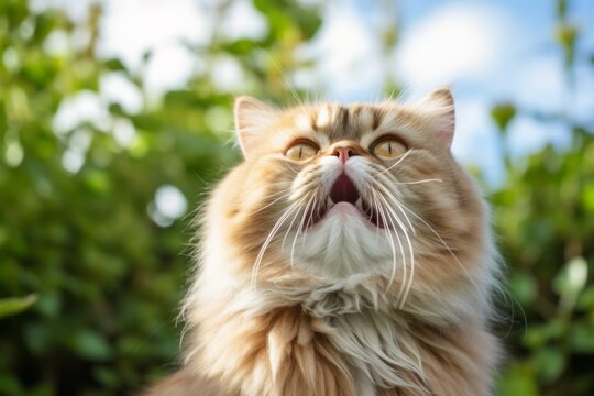 Medium shot portrait photography of a curious persian cat murmur meowing against a beautiful nature scene. With generative AI technology
