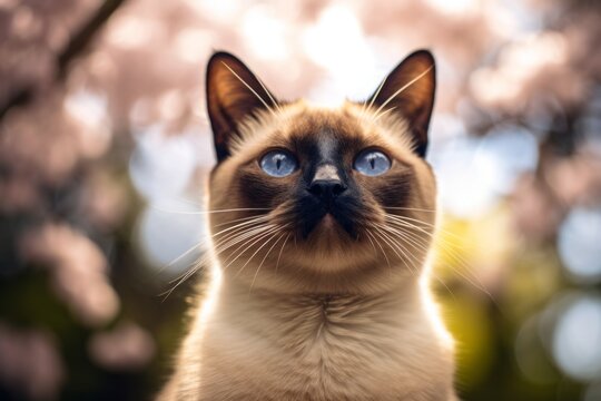 Headshot portrait photography of a smiling siamese cat growling against a beautiful nature scene. With generative AI technology