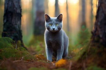 Full-length portrait photography of a cute russian blue cat crouching against a beautiful nature scene. With generative AI technology