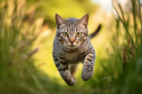 Environmental portrait photography of a happy egyptian mau cat running against a beautiful nature scene. With generative AI technology