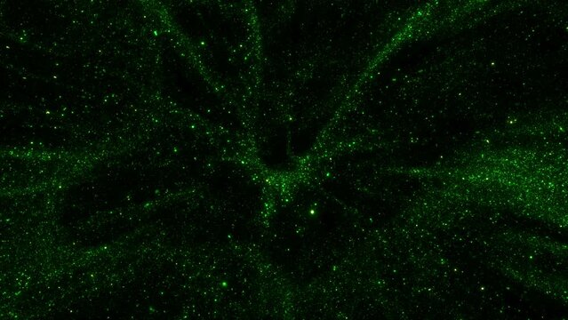 Green abstract futuristic sparkling cosmic star dust particle loop background. 3D animation design backplate with copy space. Microbial and biofuel technology stage backdrop with flickering cell swarm