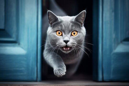 Medium shot portrait photography of a curious russian blue cat pouncing against a vintage-looking door. With generative AI technology