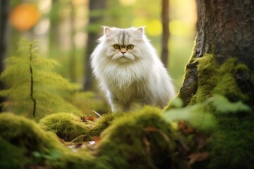 Naklejka na ściany i meble Environmental portrait photography of a cute persian cat back-arching against an enchanting forest. With generative AI technology