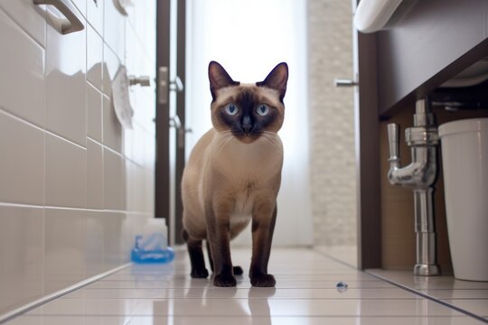 Full-length portrait photography of a funny siamese cat begging for food against a sleek bathroom. With generative AI technology
