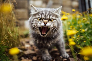 Environmental portrait photography of a funny selkirk rex cat murmur meowing against a charming garden path. With generative AI technology