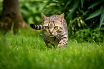 Medium shot portrait photography of a bored bengal cat running against a lush green lawn. With generative AI technology