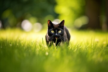 Lifestyle portrait photography of a smiling bombay cat sprinting against a lush green lawn. With generative AI technology