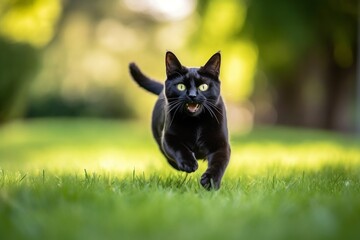 Lifestyle portrait photography of a smiling bombay cat sprinting against a lush green lawn. With generative AI technology