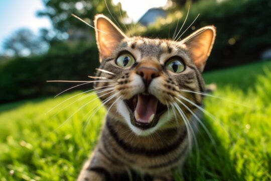 Headshot portrait photography of a funny american shorthair cat murmur meowing against a lush green lawn. With generative AI technology