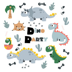 A large set of adorable drawings of dinosaur characters. Set for children's illustration. Vector illustration.