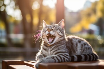 Medium shot portrait photography of a cute american shorthair cat yawning against a picturesque park bench. With generative AI technology