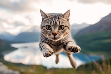 Fototapeta premium Environmental portrait photography of a smiling american shorthair cat hopping against a scenic mountain view. With generative AI technology