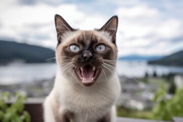 Lifestyle portrait photography of a smiling siamese cat growling against a scenic mountain view. With generative AI technology