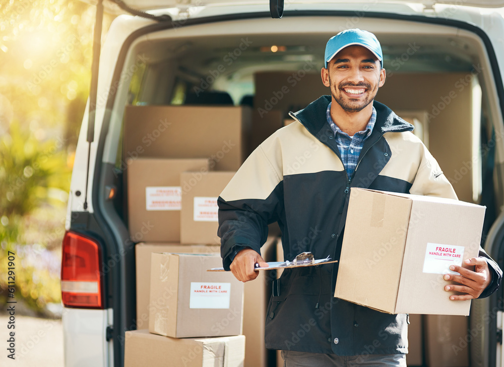 Poster Smile, delivery and box with portrait of man at van for courier, logistics and shipping. Ecommerce, export and distribution with male postman in vehicle for mail, package and cargo shipment