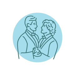 Newlywed gay couple black line icon.