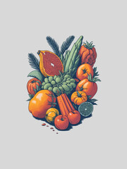 Vector of various fruits and vegetables in a colorful arrangement with generative AI