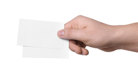 Obraz premium Woman holding paper cards on white background, closeup. Mockup for design