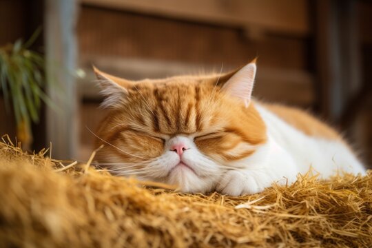Medium shot portrait photography of a cute exotic shorthair cat sleeping against a rustic barn. With generative AI technology