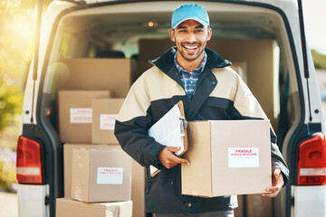 Portrait, delivery and checklist with man and box for courier, logistics and shipping service. Ecommerce, export and freight distribution with postman in vehicle for mail, package and cargo shipment
