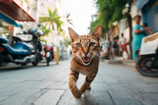 Medium shot portrait photography of a smiling havana brown cat running against a lively street. With generative AI technology