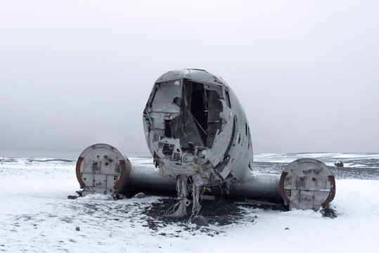 The abandoned DC-3 Airplane on Solheimasandur beach, a Douglas Dakota DC3 used by the US Navy, lies as wreckage on the striking black sand beach of South Iceland.