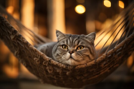 Close-up portrait photography of a happy scottish fold cat kneading with hind legs against a against an inviting hammock. With generative AI technology