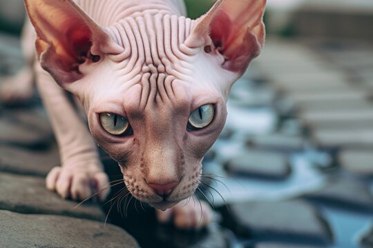 Close-up portrait photography of a happy sphynx cat drinking water against a quaint cobblestone path. With generative AI technology