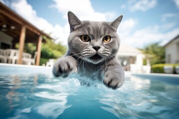 Environmental portrait photography of a happy british shorthair cat pouncing against a refreshing swimming pool. With generative AI technology